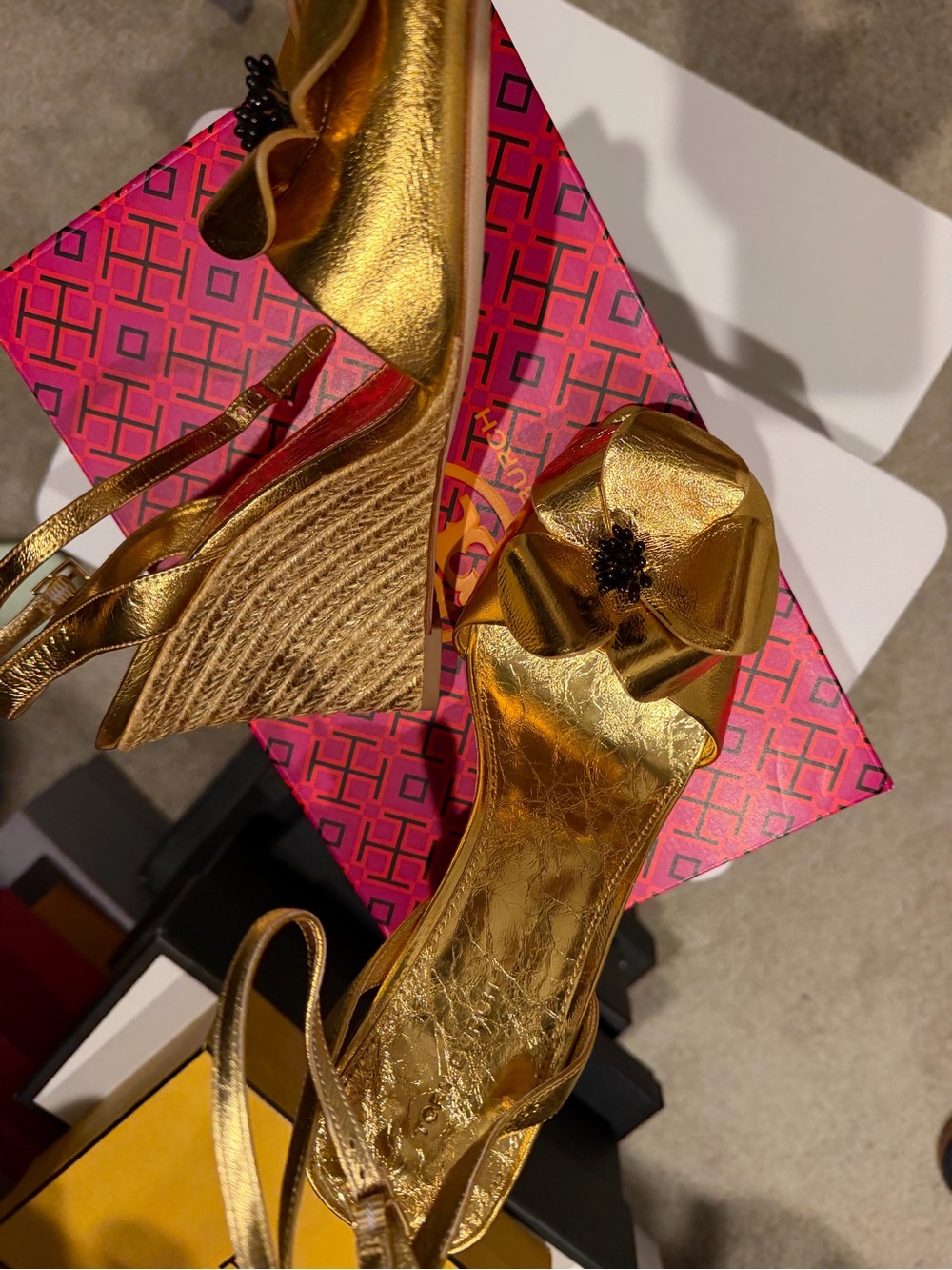 Tory Burch Gold Floral Bow High-Heel Sandals - Picture 2 of 5